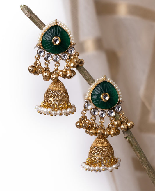 Golden jhumkis with green stone