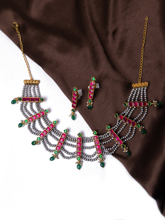 Five layer kundan pearl necklace set