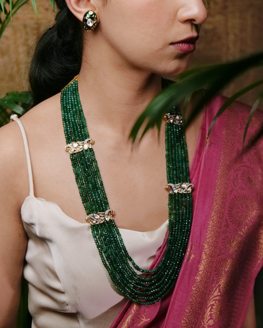 Seven layer emerald grren necklace with polki motifs