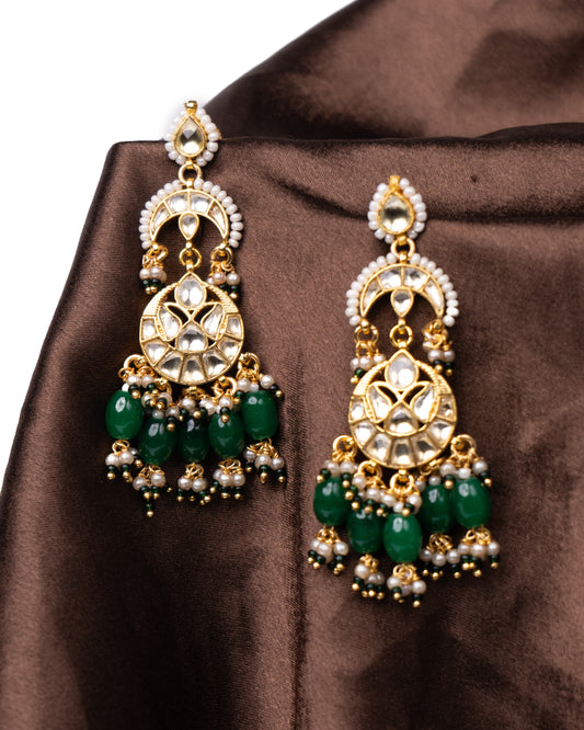 Kundan polki earrings with green stone hangings