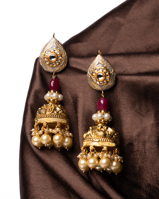 Antique gold jhumkis with enamel