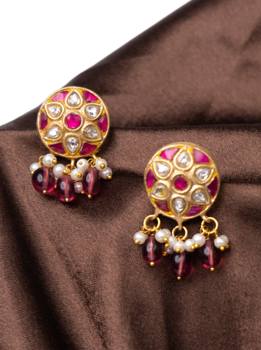 Ruby pink and polki studs with hangings