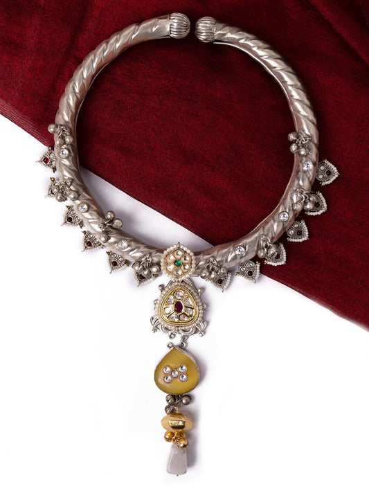 Antique silver hasli with with kundan and stones