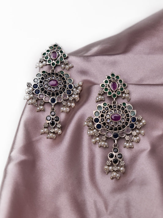 Multicoloured stone oxidised earrings