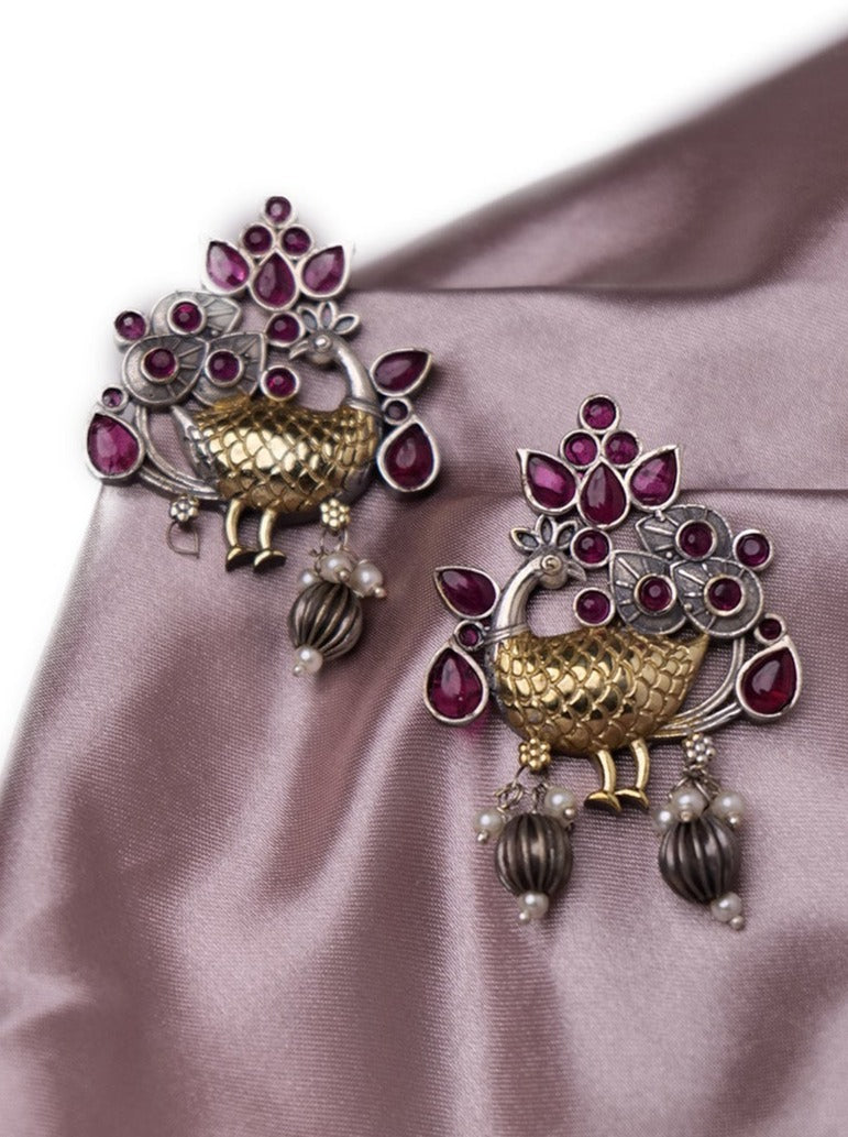 Dual tone peacock earrings with stones