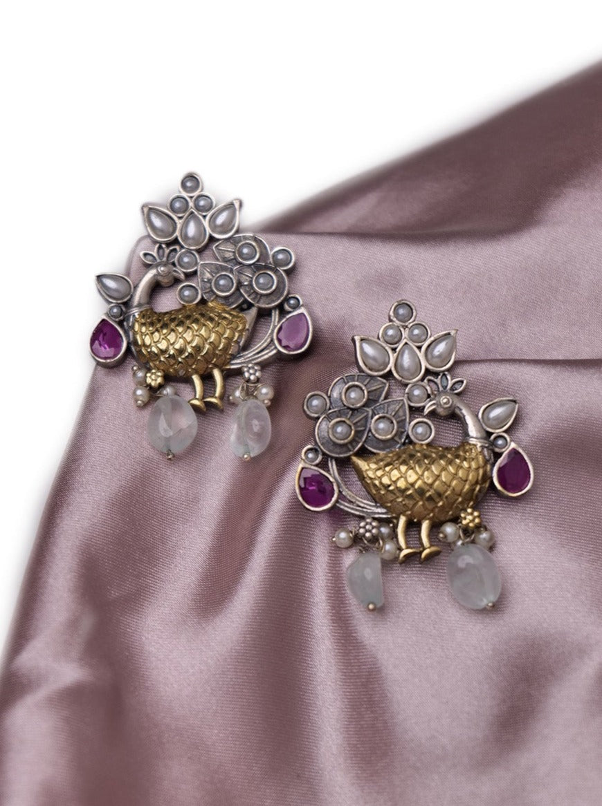 Dual tone peacock earrings with stones