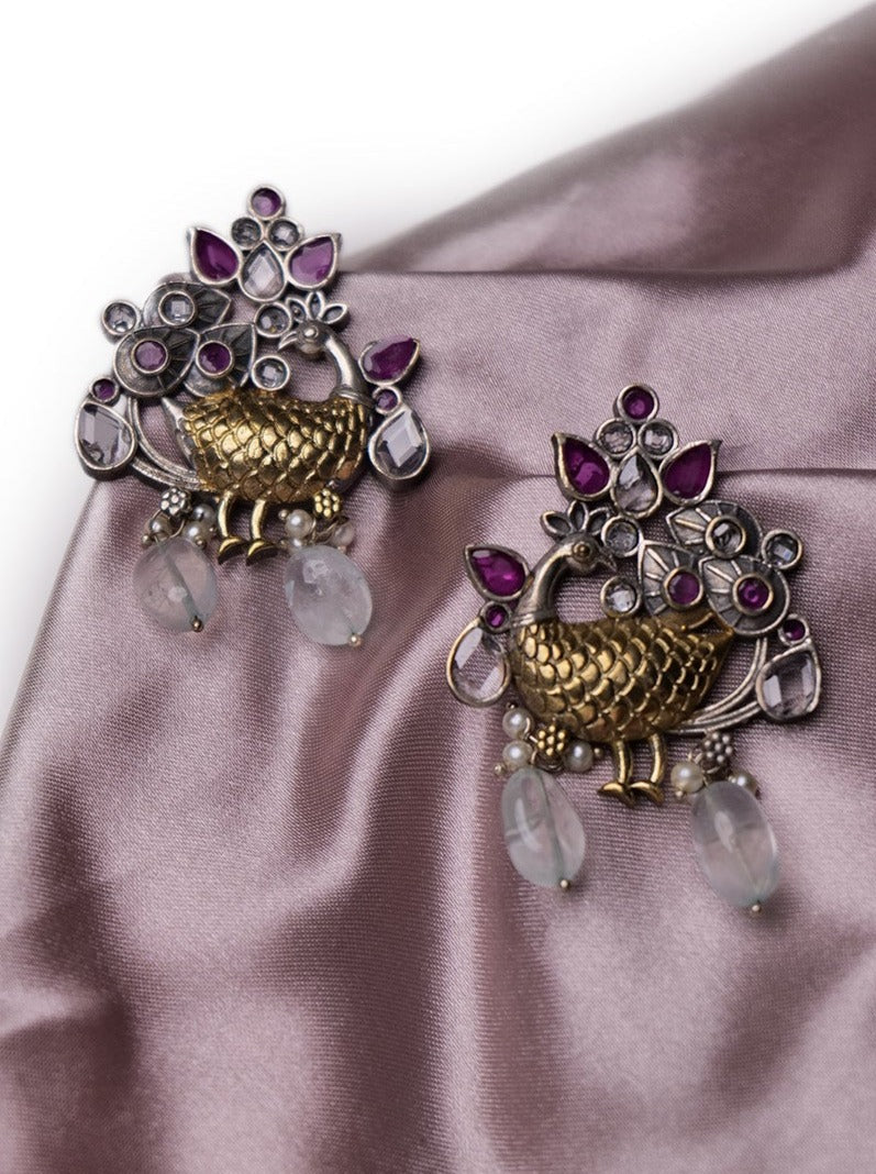 Dual tone peacock earrings with stones
