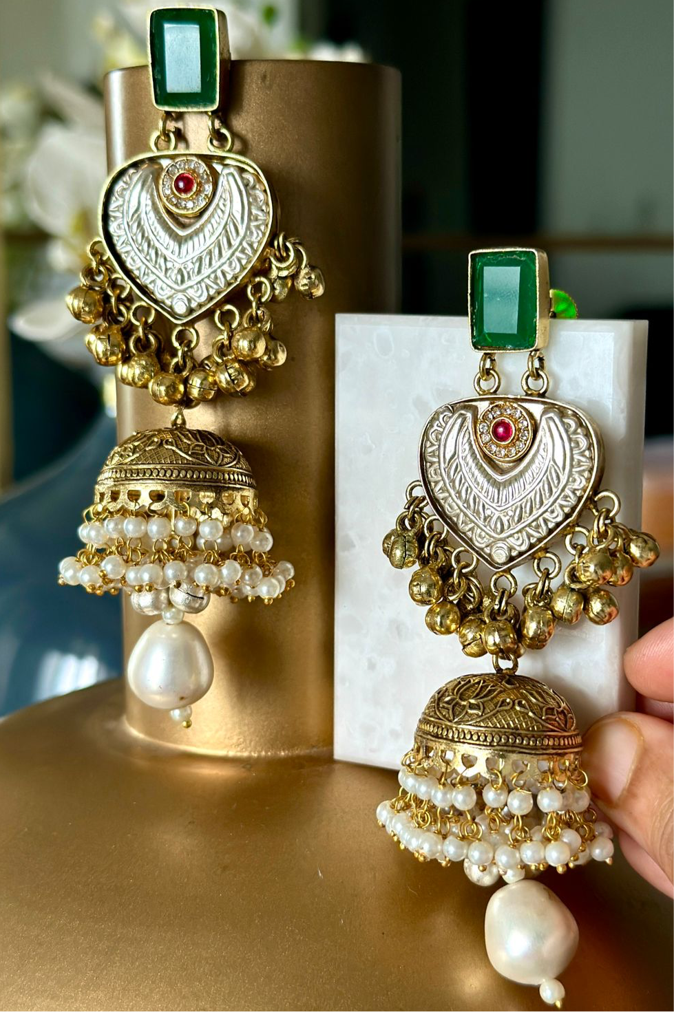 Dual tone jhumkis with stones