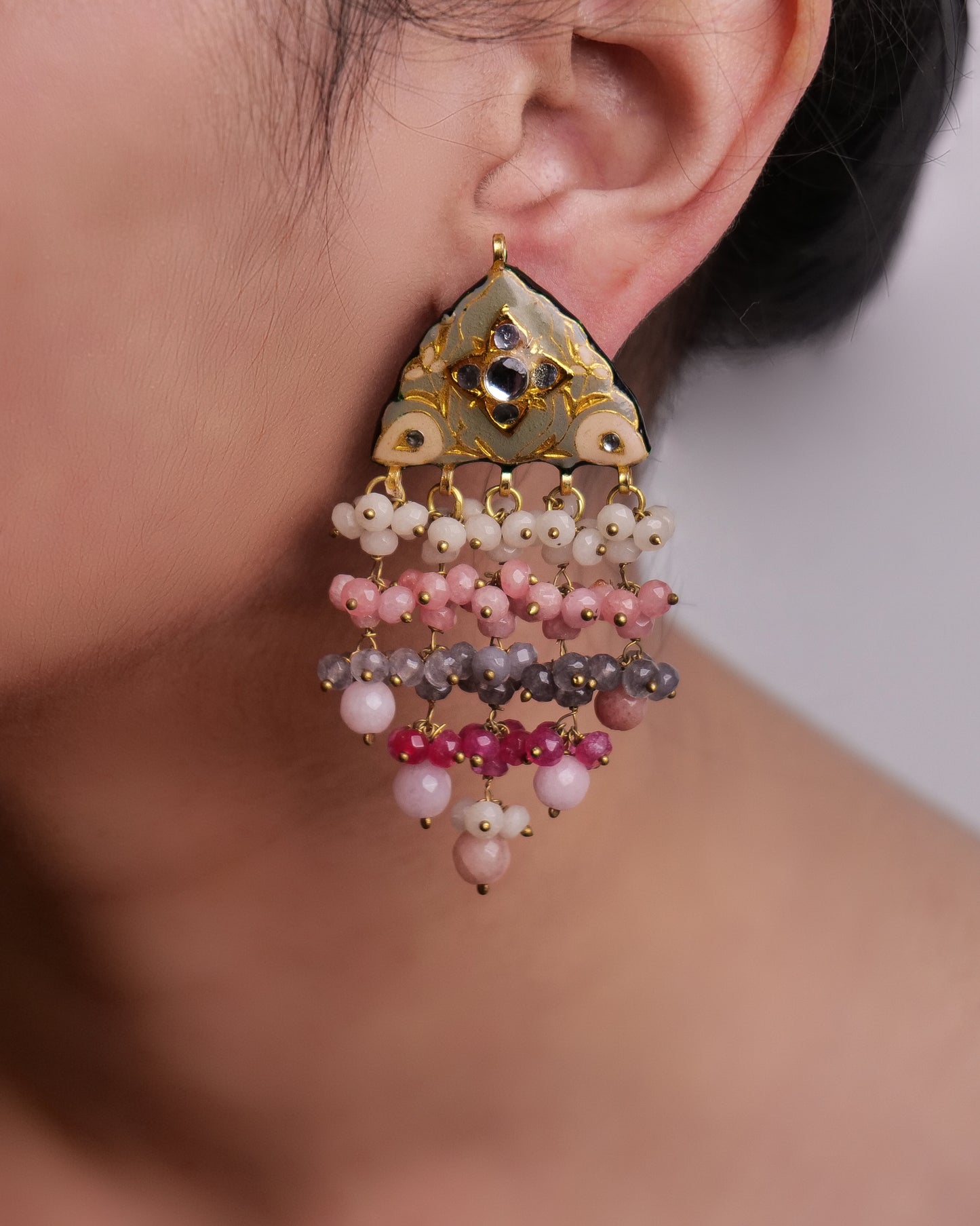 Multicoloured enamel studs with stone tassels