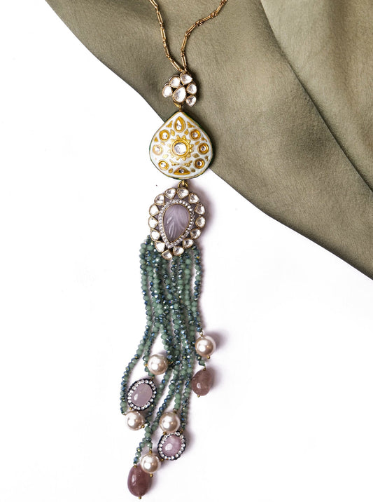 Fusion necklace with tassle in blue and mauve