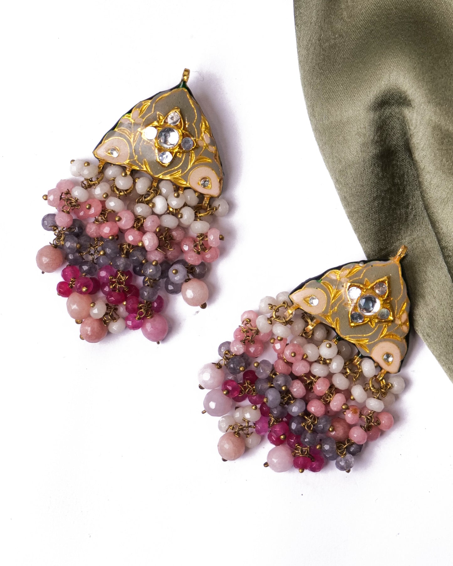 Multicoloured enamel studs with stone tassels