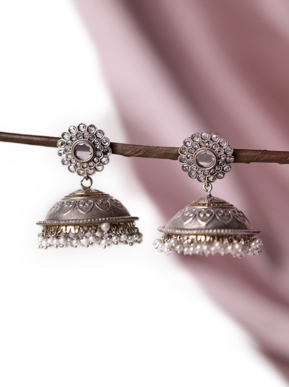 Antique dual tone jhumkis with stones