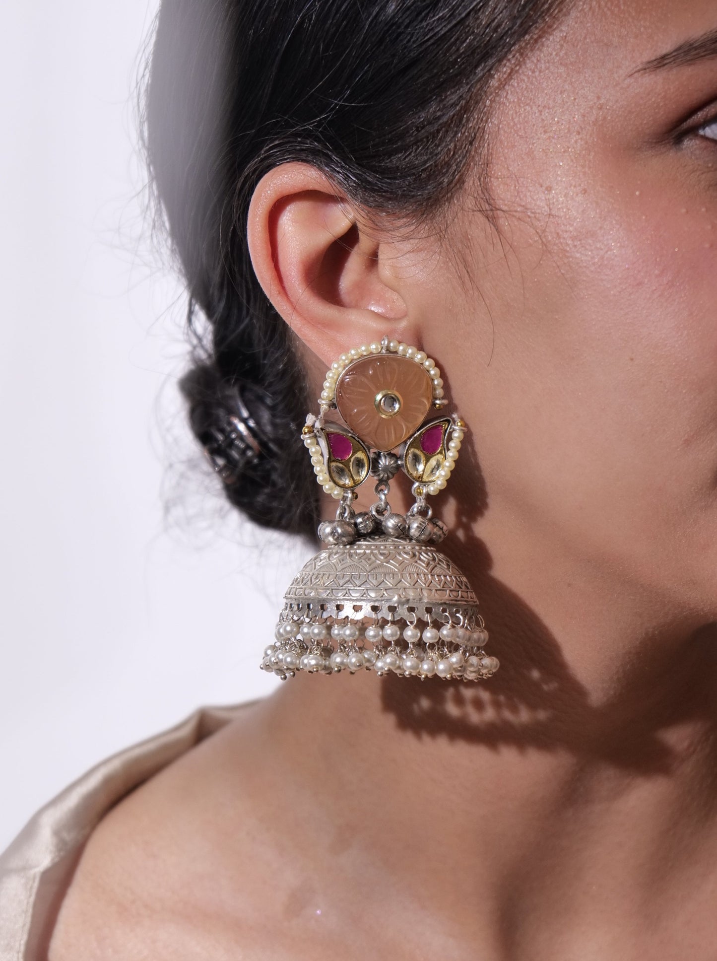 Antique jhumkis with stones and kundan