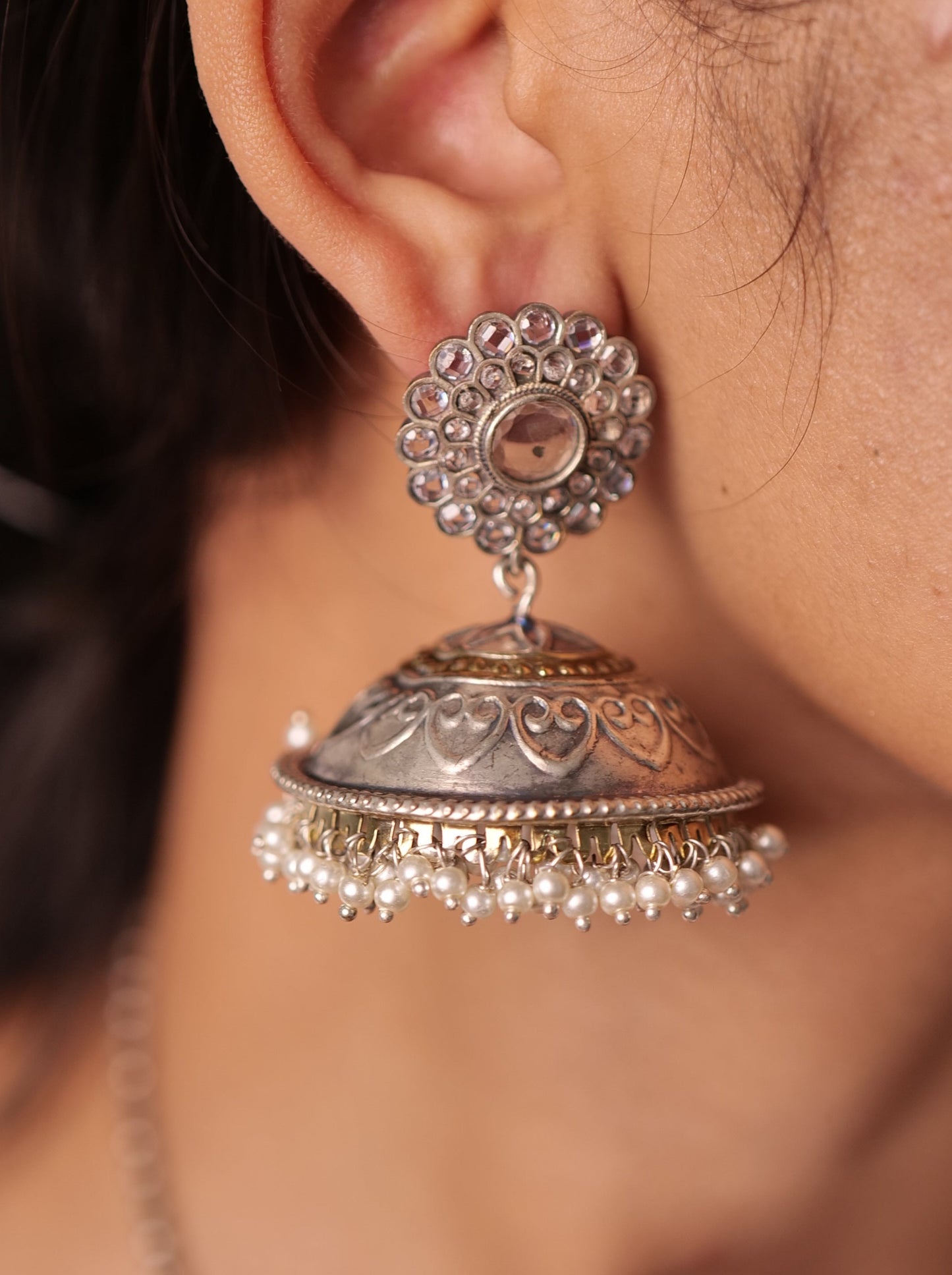 Antique dual tone jhumkis with stones