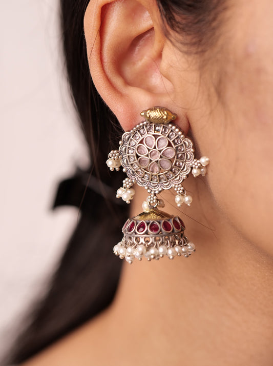 Oxidised Pink stone Jhumkis