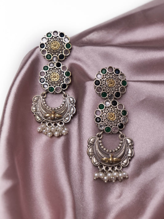 Double flower oxidised earrings