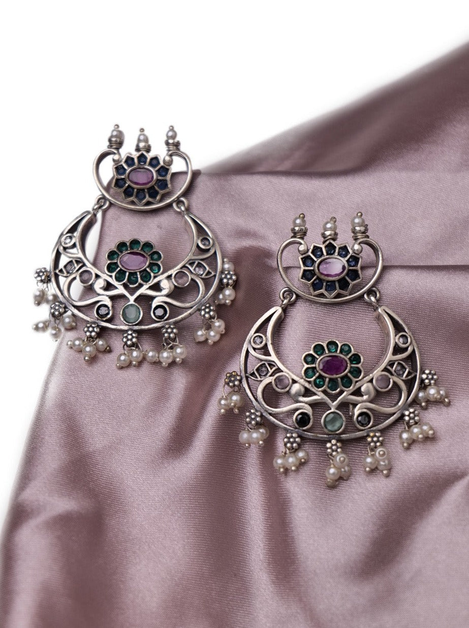 Multicolour stone chandbali in silver