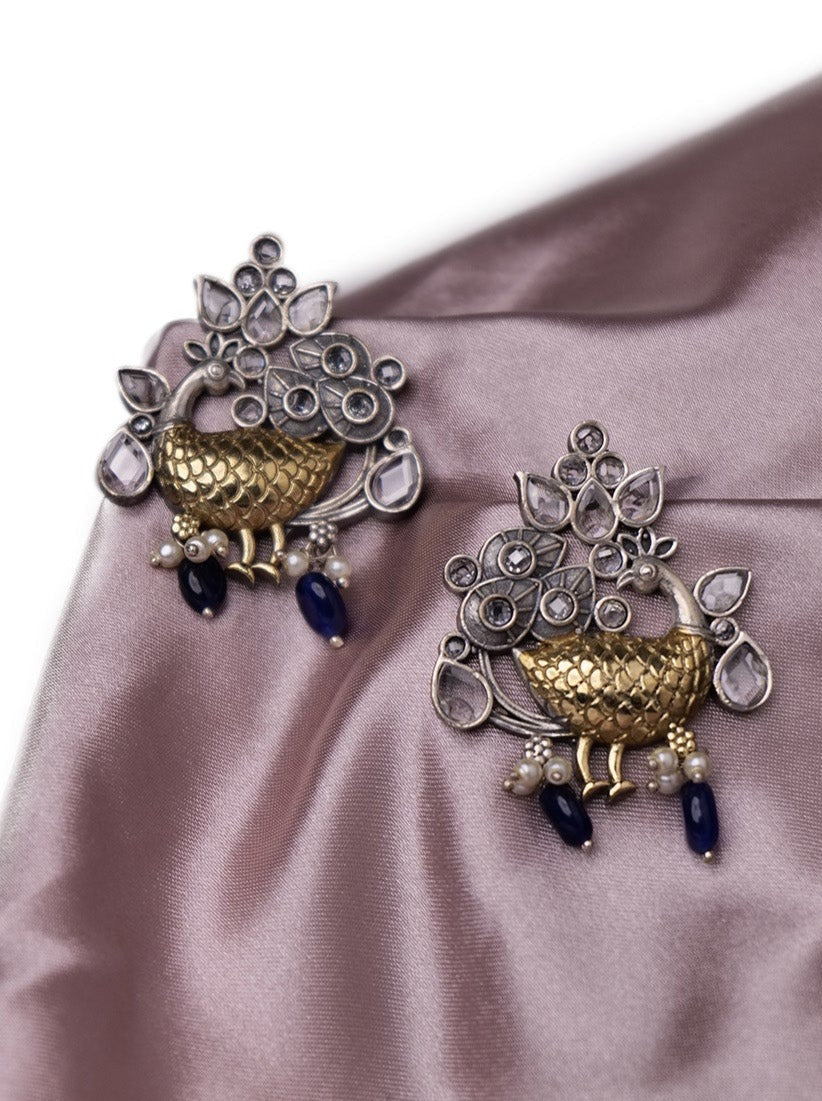 Dual tone peacock earrings with stones