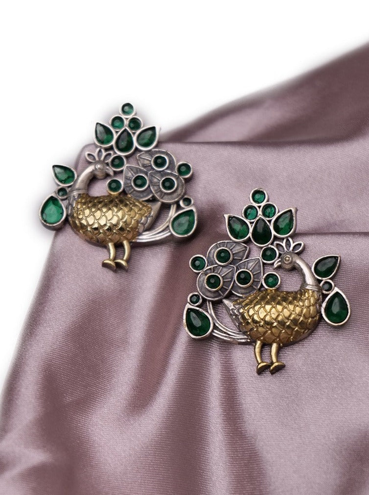 Dual tone peacock earrings with stones