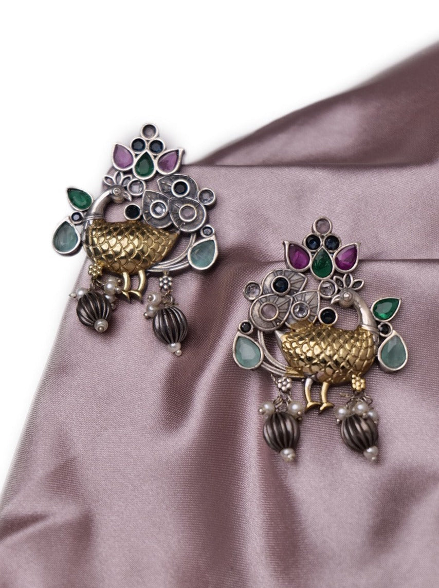 Dual tone peacock earrings with stones