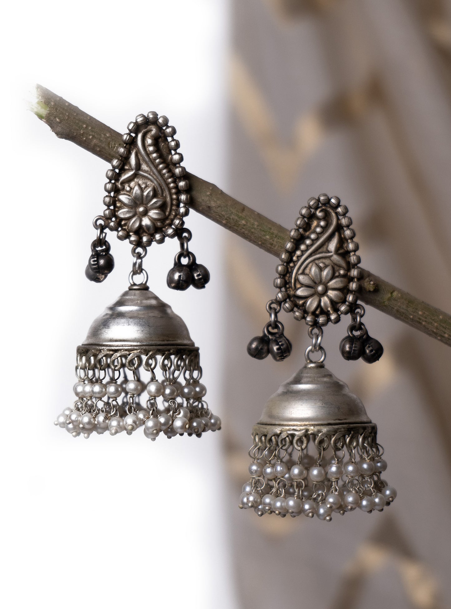 Silver tone tribal jhumkis